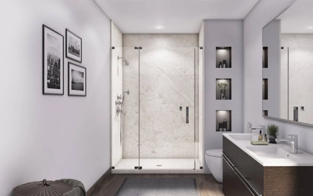 Marble-look panel shower with black-framed glass door and niches